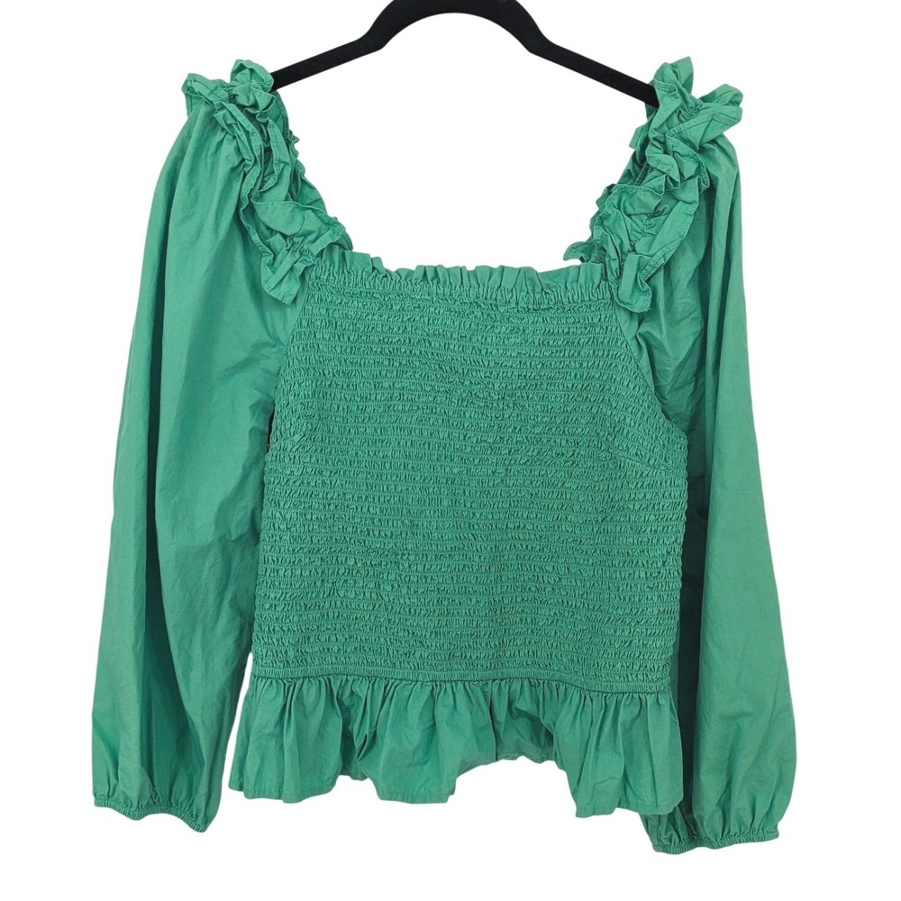 The Drop Smocked Top Womens Large Kelly Green Square Neck Long Sleeve Boho Shirt